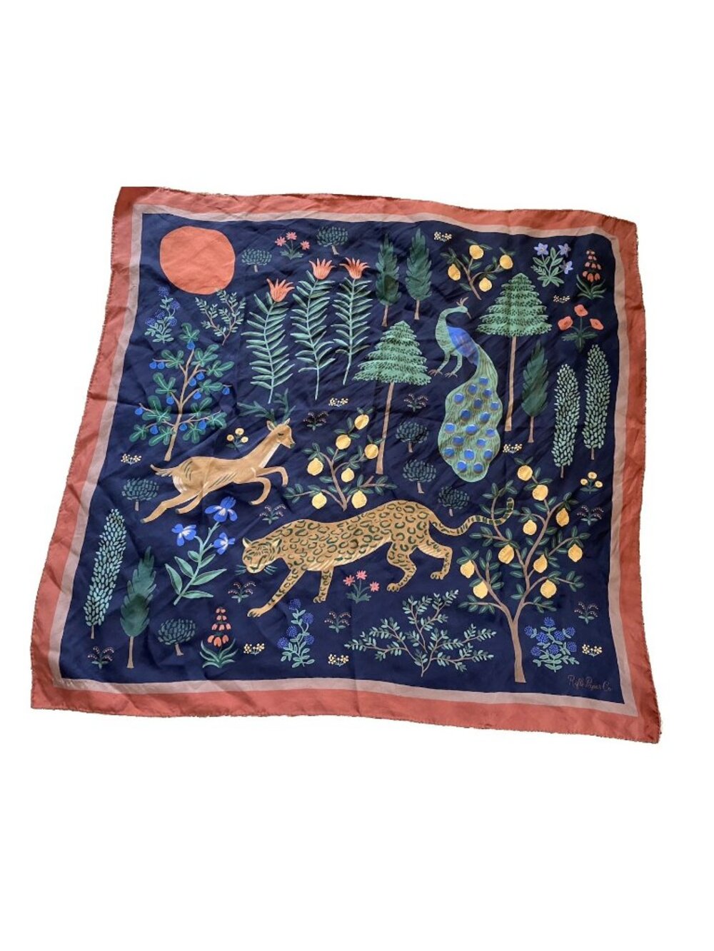 Rifle Paper Co. Menagerie Les Fauves Silk Scarf Leopard Peacock Forest 32.5”
